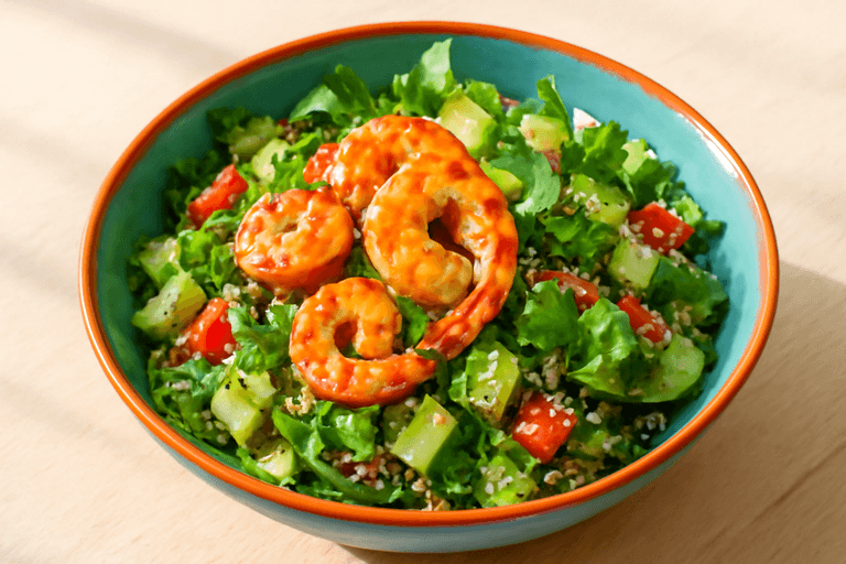 Salade de quinoa aux crevettes et légumes croquants