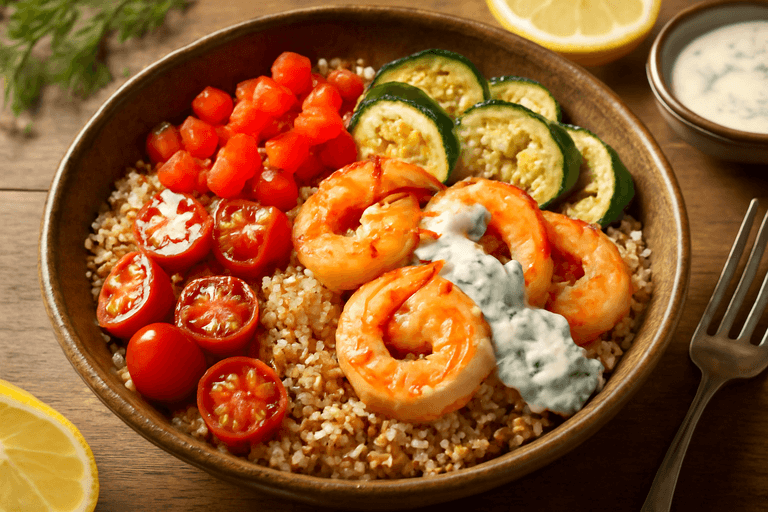 Bowl de quinoa aux crevettes, légumes grillés et sauce citronnée