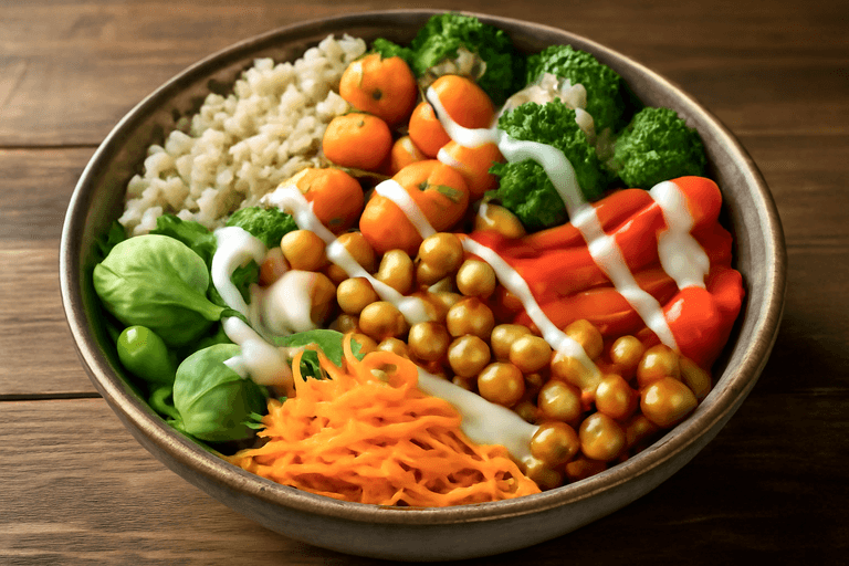 Vegane Buddha-Bowl mit Quinoa und geröstetem Gemüse