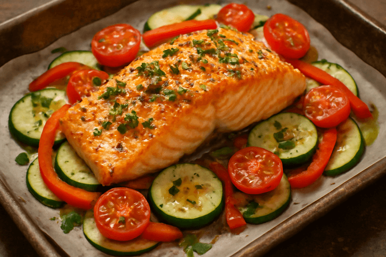 Filetti di salmone al forno con verdure mediterranee