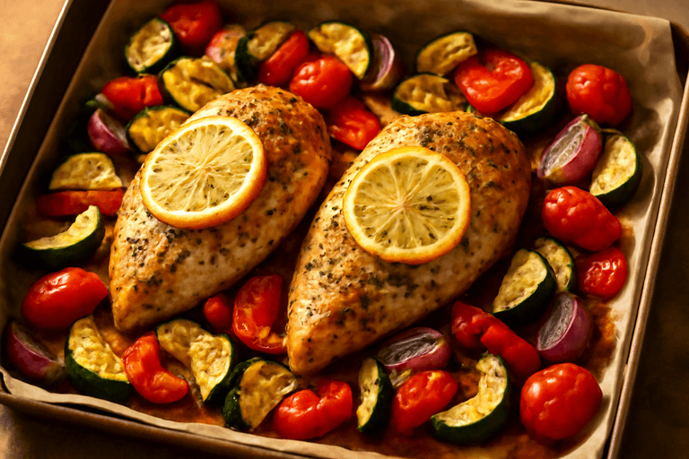 Hähnchenbrust mit mediterranem Ofengemüse