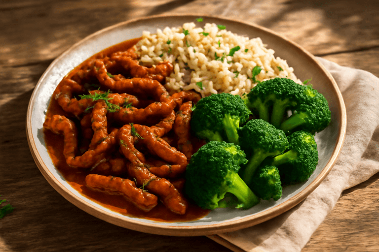 Klassisches Rindergeschnetzeltes mit Vollkornreis und Brokkoli