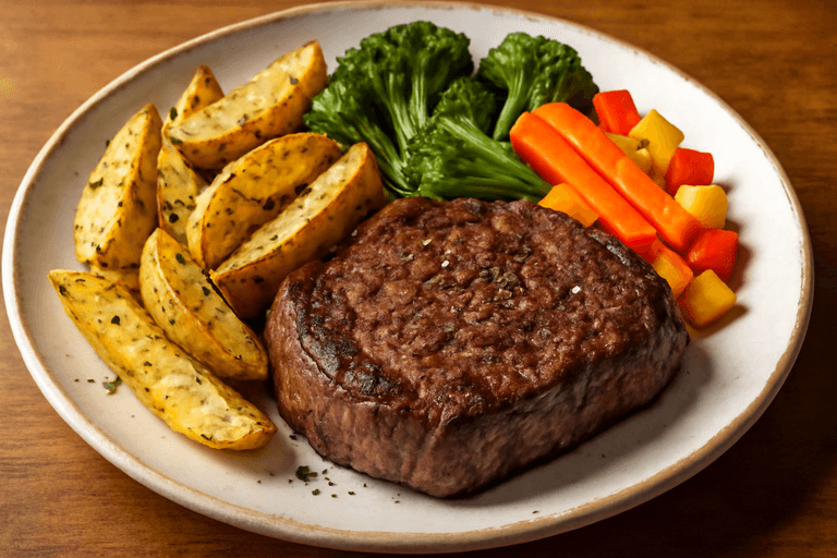 Herzhaftes Rindersteak mit Ofenkartoffeln und Gemüse
