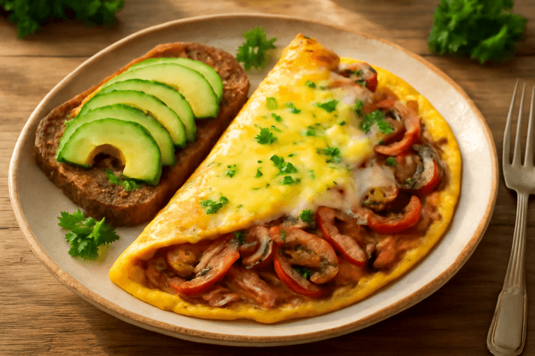 Kraftvolles Power-Frühstück: Bauernomelett mit Vollkorn und Avocado