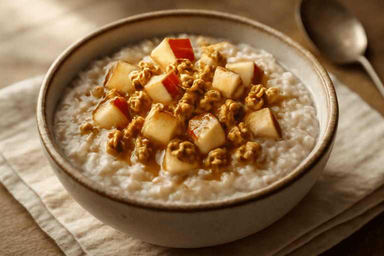 Классическая овсяная каша с яблоком и орехами