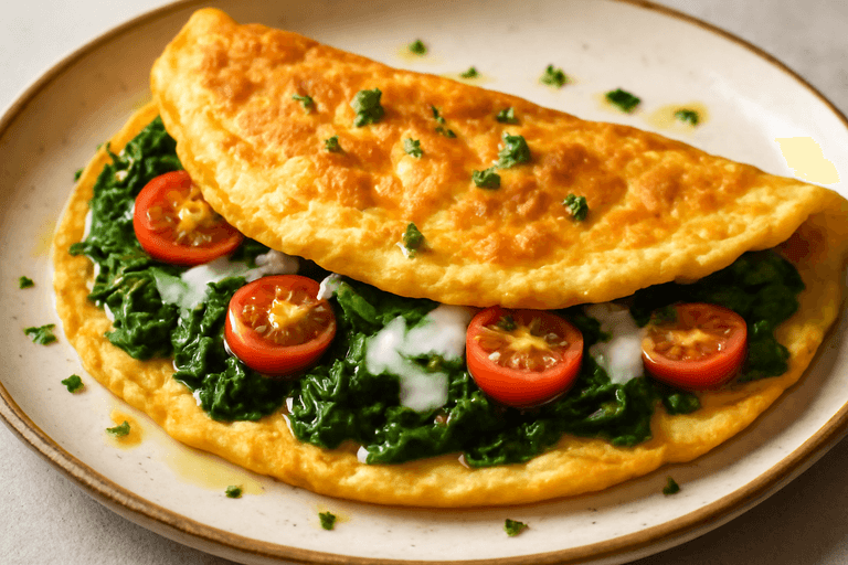 Proteinrik omelett med spinat og tomat