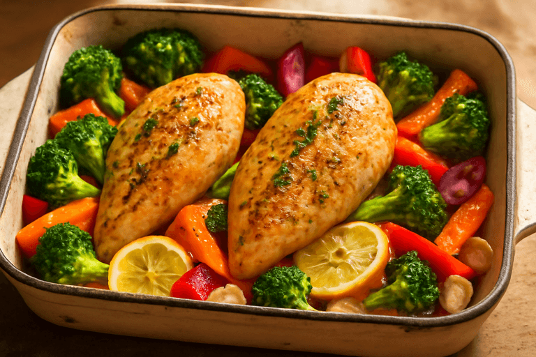 Saftig ovnsbakt kyllingfilet med grønnsaker og urter