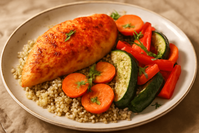 Куриная грудка с овощами и киноа