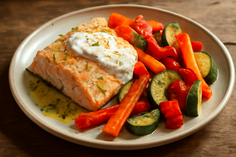 Ugnsbakad lax med rostade grönsaker och citronyoghurt