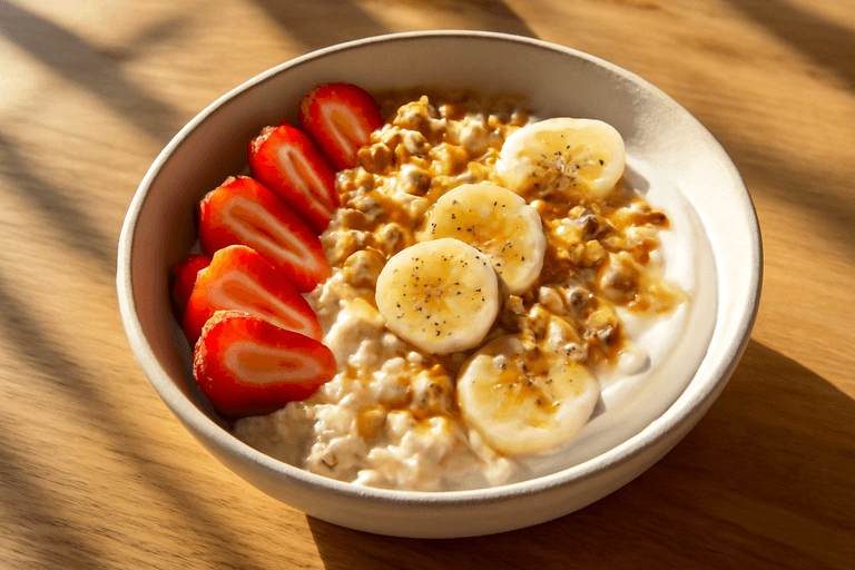 Tazón de Desayuno Saludable con Avena, Yogur y Frutas