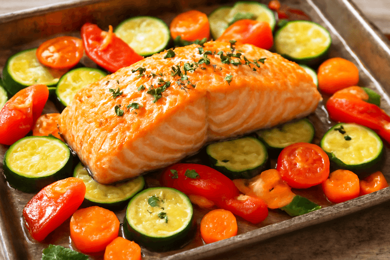 Salmón al horno con verduras mediterráneas