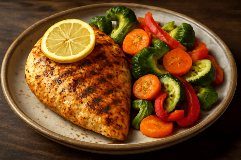 صدر دجاج مشوي مع الخضار الملونة