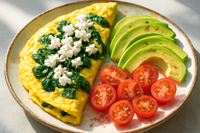 Силна омлет чиния с авокадо и спанак