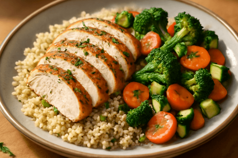 Poulet rôti aux herbes, légumes croquants et quinoa