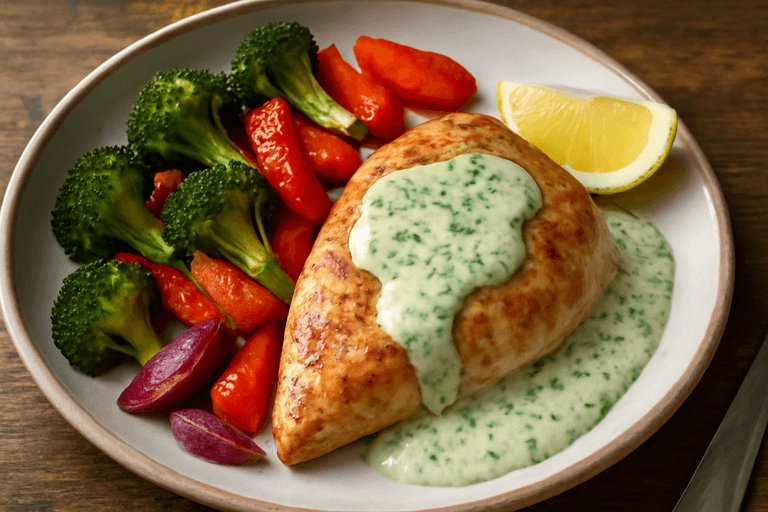 Kycklingfilé med rostade grönsaker och örtsås