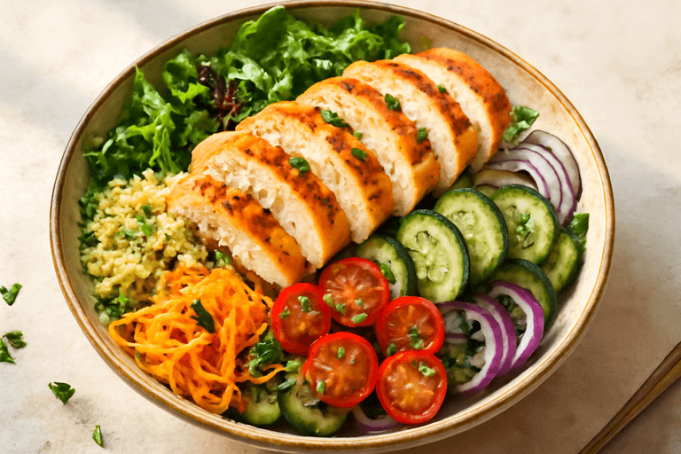 Färgglad kycklingsallad med quinoa och citrondressing