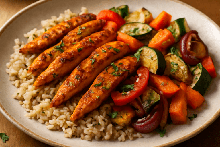 Kruidige Kipfilet met Geroosterde Groenten en Volkoren Rijst