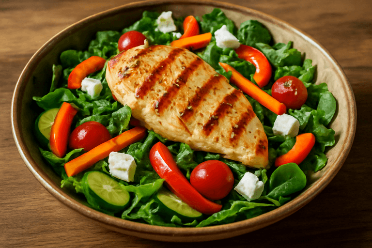 Salată crocantă cu piept de pui la grătar și legume proaspete