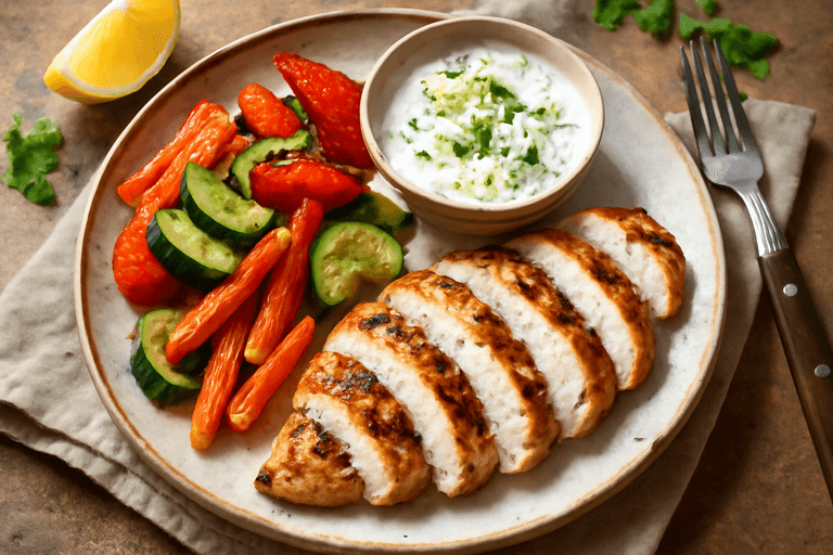Piept de pui la grătar cu legume colorate și salsa de iaurt