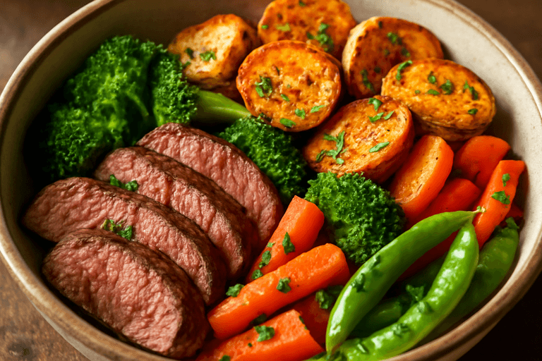 Kräftige Rinderfilet-Bowl mit Ofenkartoffeln und buntem Gemüse