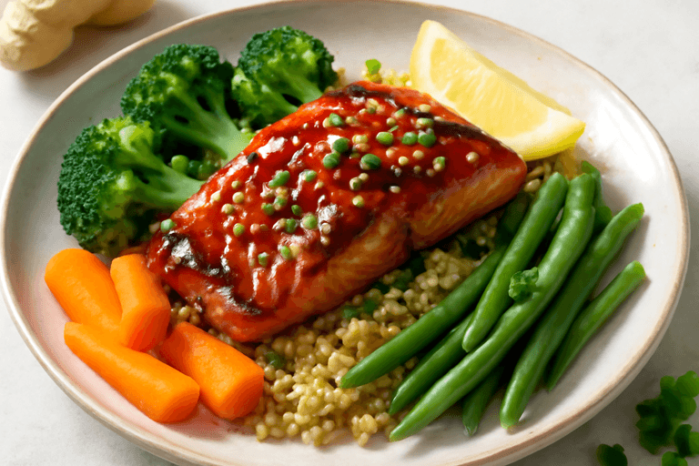 Лосось терияки с киноа и овощами на пару