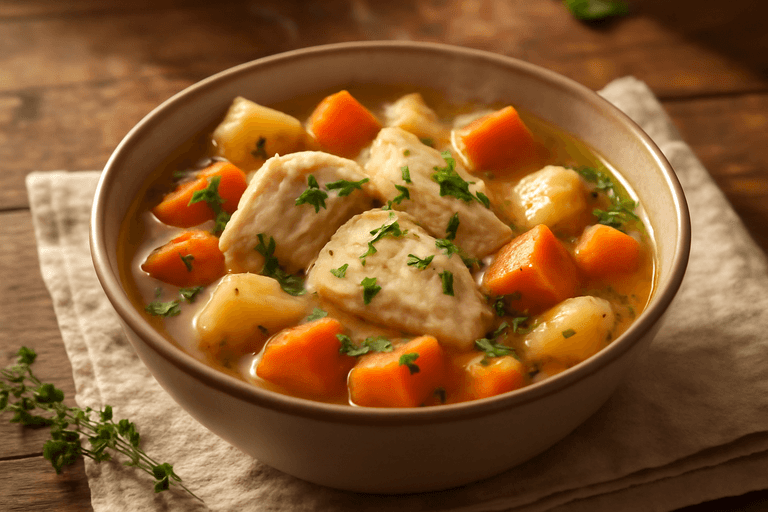 Saftig kycklinggryta med rotfrukter och örter
