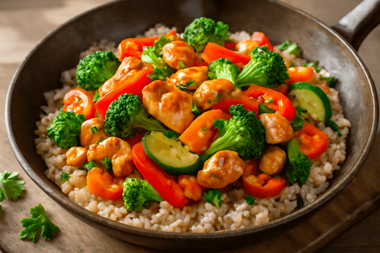 Kyckling- & grönsakswok med fullkornsris
