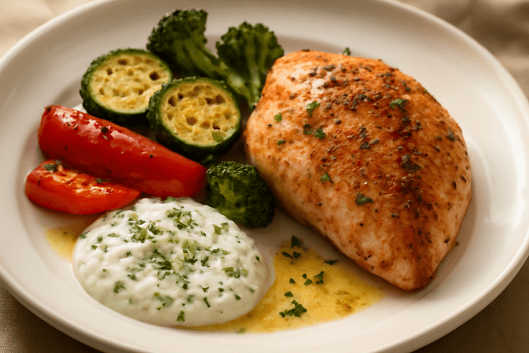 Kycklingfilé med rostade grönsaker och örtig yoghurtsås