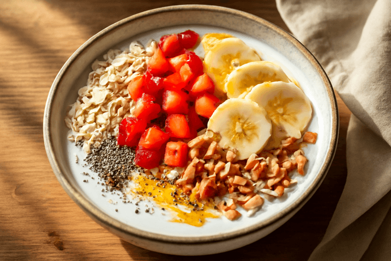 Tazón de yogur griego con frutas y semillas