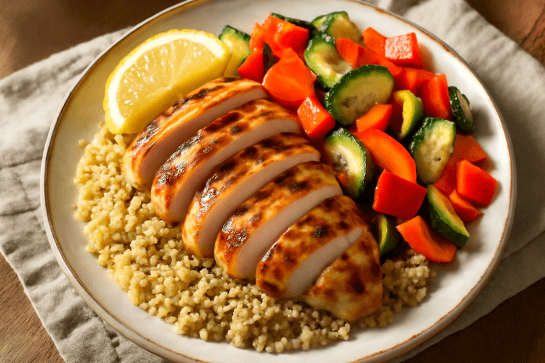 Piept de pui la grătar cu quinoa și legume sotate