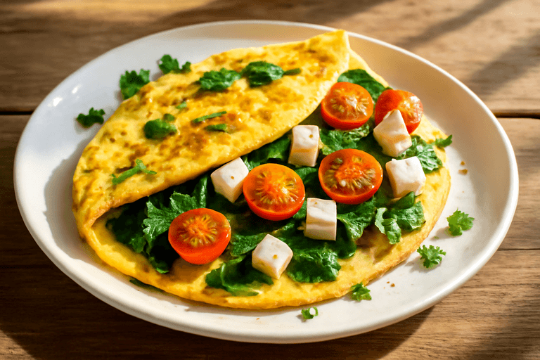 Proteinrik klassisk omelett med spinat og tomat