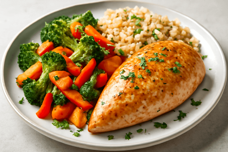 Saftig kyllingfilet med ovnsbakte grønnsaker og fullkornsris