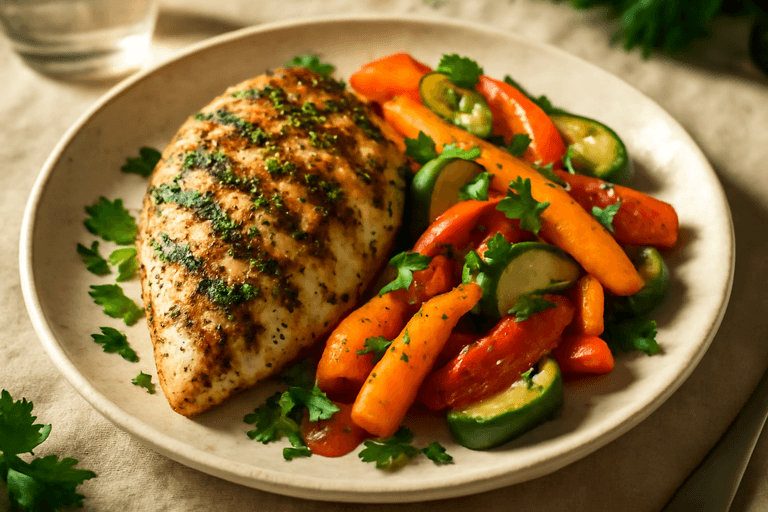 Poulet grillé aux herbes avec légumes rôtis