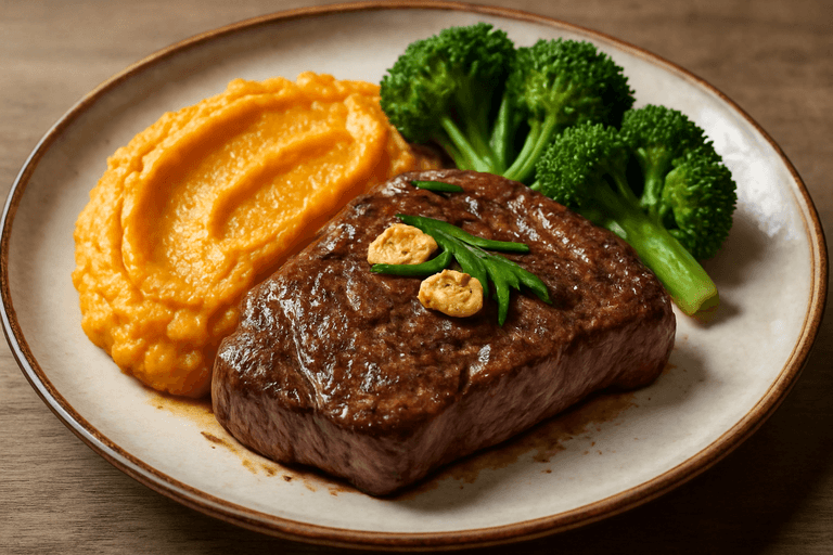Herzhaftes Rindersteak mit Süßkartoffel-Püree und Brokkoli