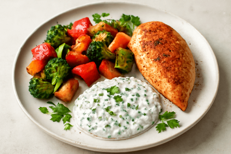 Hähnchenbrust mit Ofengemüse und Kräuterquark