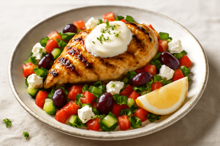 Κοτόπουλο στη Σχάρα με Μεσογειακή Σαλάτα & Δροσερό Γιαούρτι