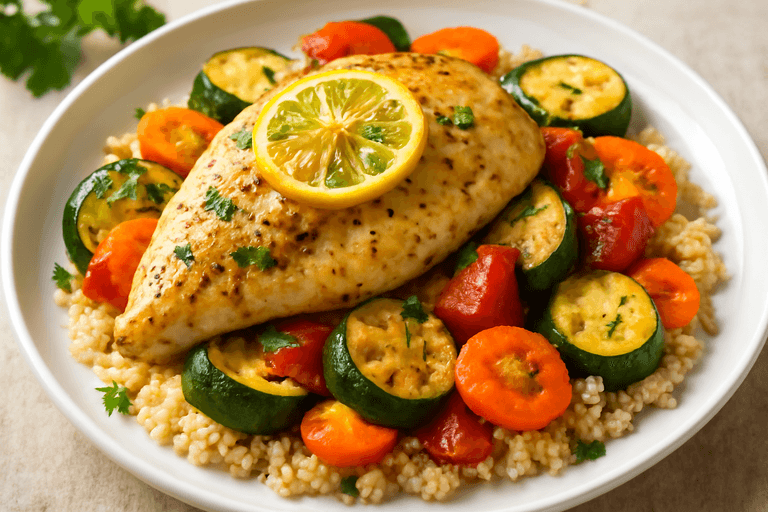 Κοτόπουλο λεμονάτο με ψητά λαχανικά & κινόα