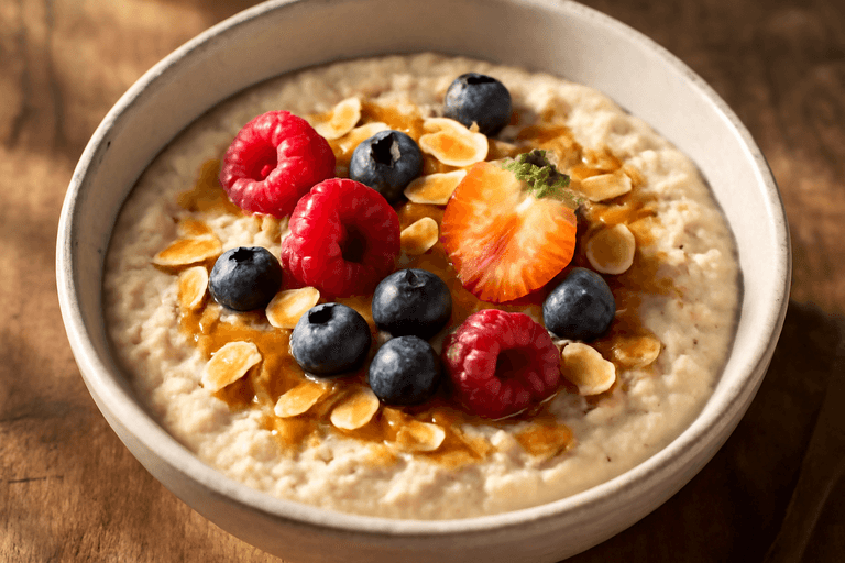 Veganes Protein-Porridge mit Beeren und Mandeln