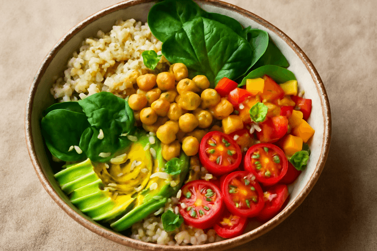 Veganes Power-Bowl-Mittagessen mit Quinoa, Kichererbsen & Avocado