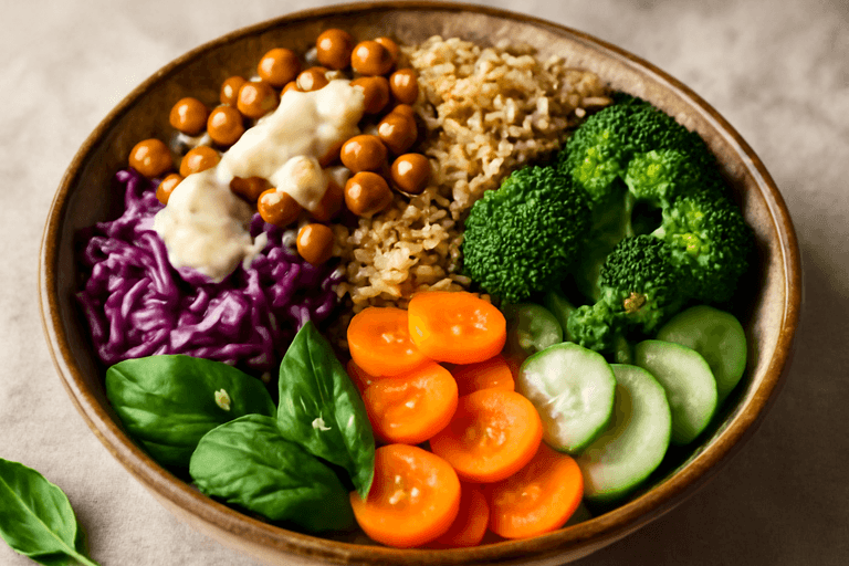 Vegane Buddha-Bowl mit geröstetem Kichererbsen-Gemüse
