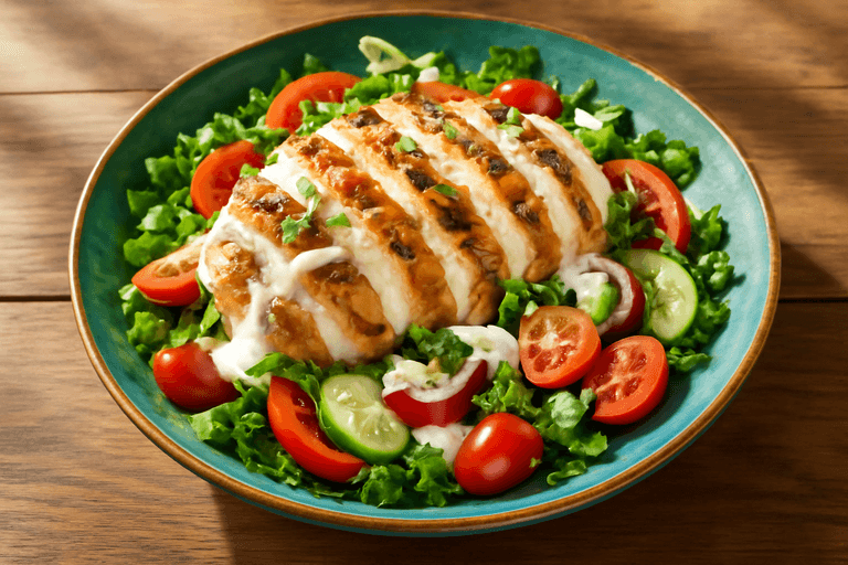 Salată de pui la grătar cu legume proaspete și dressing de iaurt