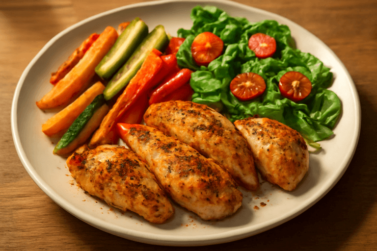 Pui la cuptor cu legume de sezon și salată proaspătă