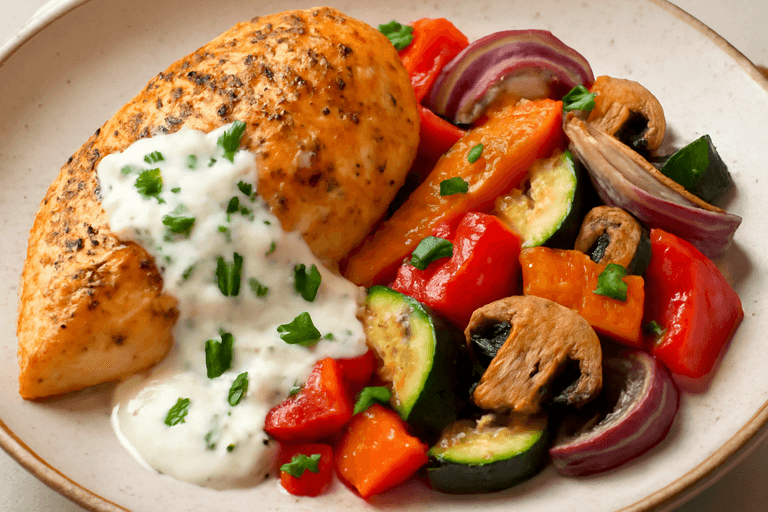Kycklingfilé med rostade grönsaker och lätt yoghurtsås