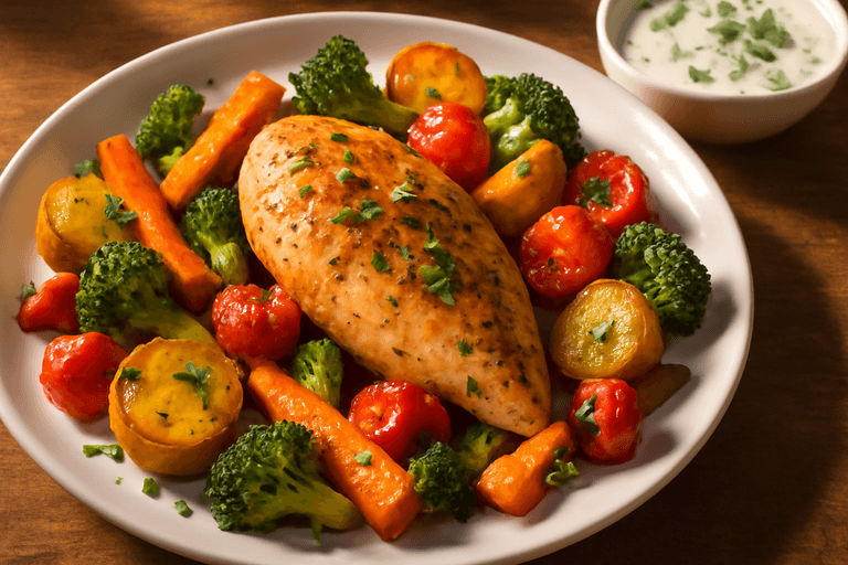Ovnsbakt kyllingfilet med grønnsaker og urtekrem
