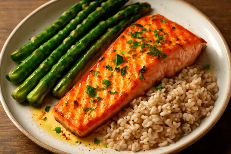 Gegrilde Zalm met Citroen, Asperges en Volkorenrijst