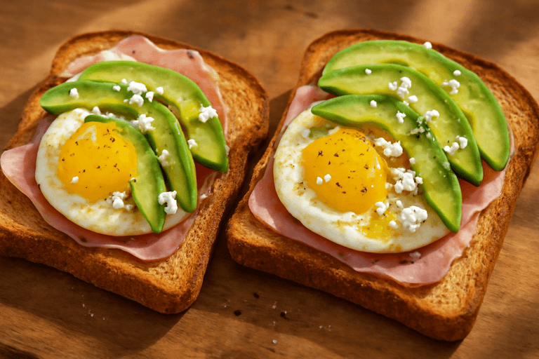 Tostadas energéticas de huevo, aguacate y jamón