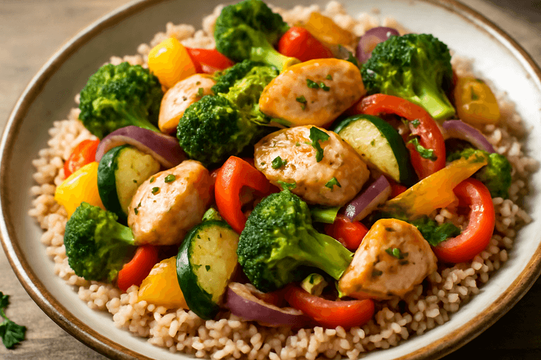 Hähnchen-Gemüse-Pfanne mit Vollkornreis