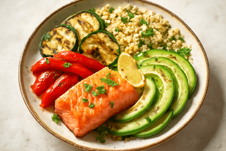 Ciotola di Quinoa Mediterranea con Salmone e Verdure Grigliate