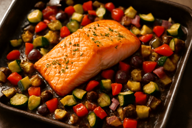 Filetto di salmone al forno con verdure mediterranee