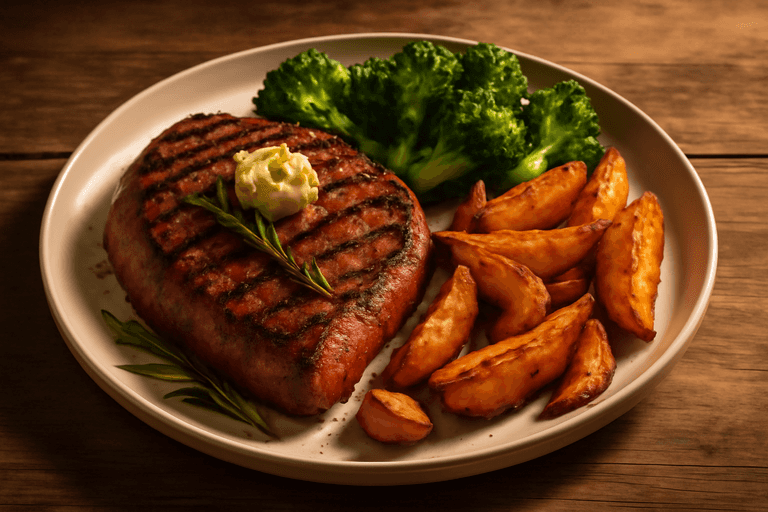 Herzhaftes Rindersteak mit Ofenkartoffeln und Brokkoli